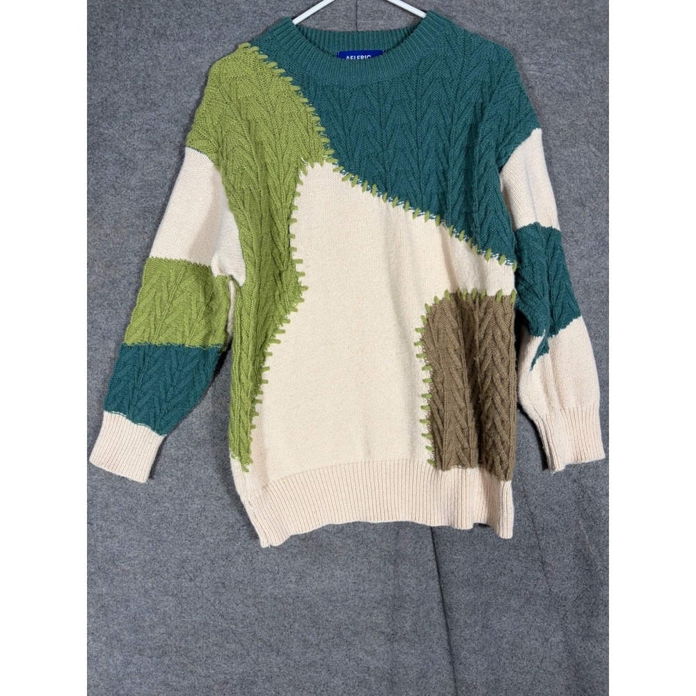 Aelfric Eden Colorblock Cable Knit Patchwork Sweater Green Cream Small